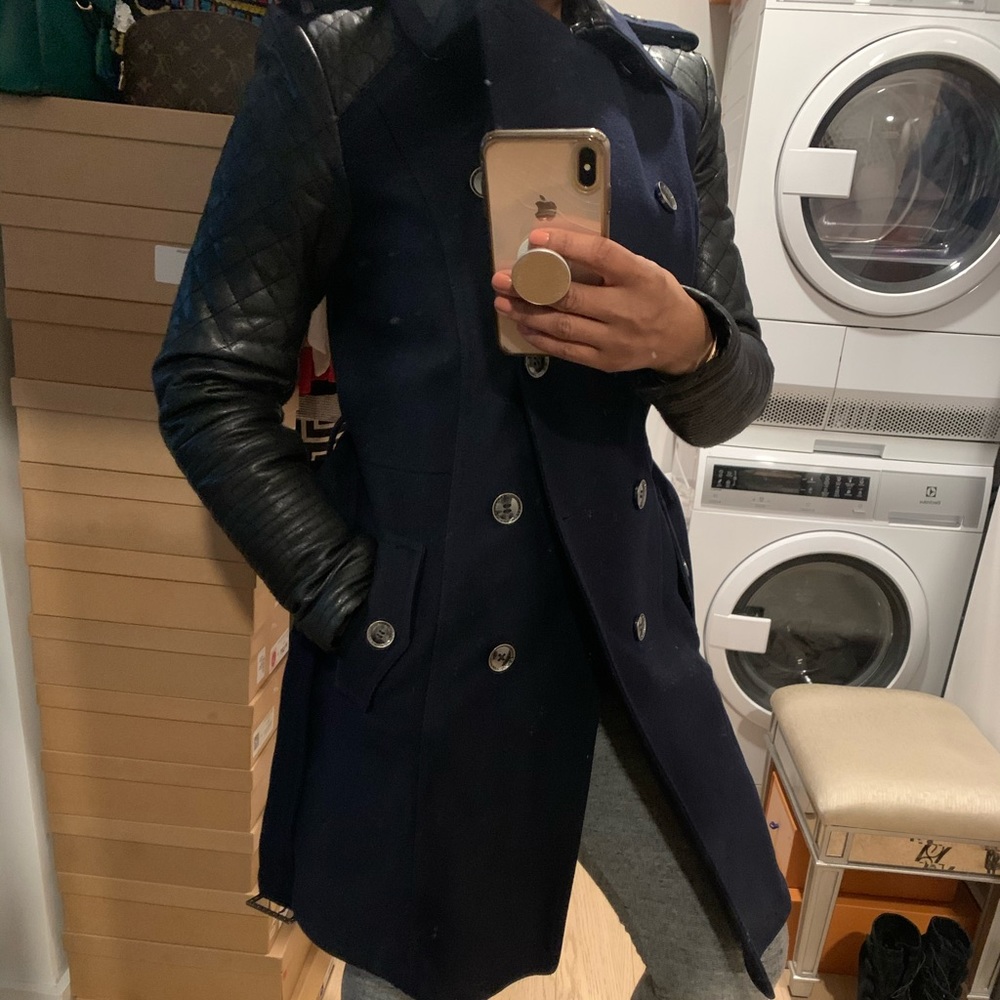 BCBG Double Breasted Wool Coat w/ Leather Sleeves